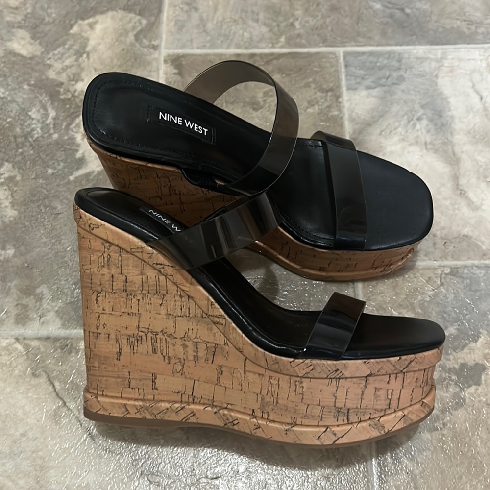 Nine West Black Patent Cork Platform Wedges